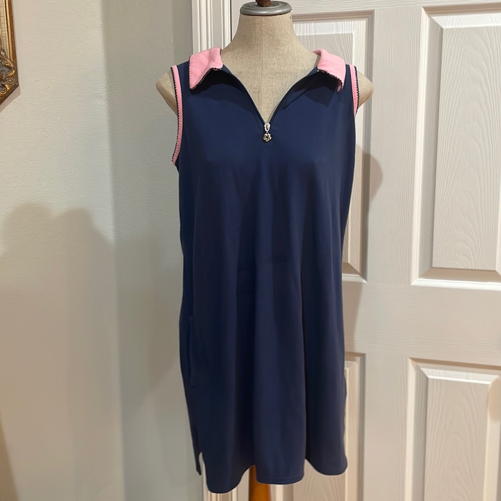 Cypress sleeveless dress navy blue & pink cotton polyester zipper women’s size M